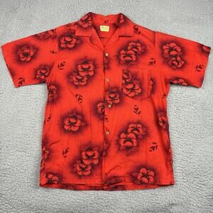Vintage 50s Hawaiian Shirt Mens Small Red Hibiscus Aloha Loop Collar Made USA